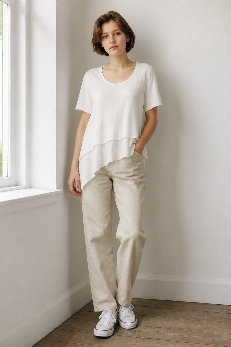 NWT XL Joan Vass White Stone Scoop Neck Layered Asymmetric Short Sleeve Top